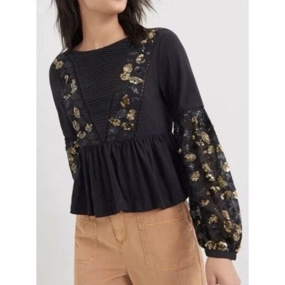 Anthropologie Neale Sequin Embellished Top XS Black Gold Bell Peplum Hem Cropped